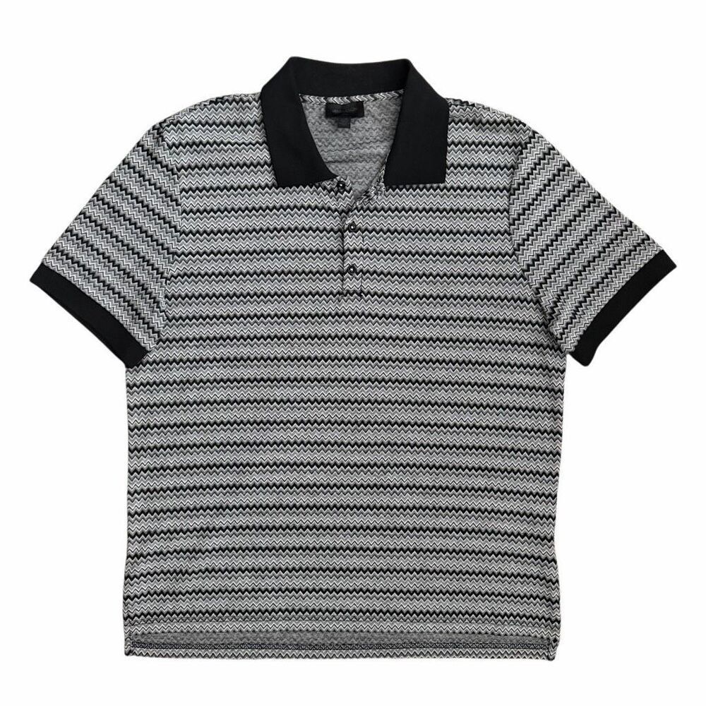 Magaschoni Man NWOT Large Geometric Jacquard Knit Polo Shirt Black Gray